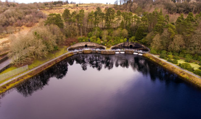 aerial view reservoir with stone arches