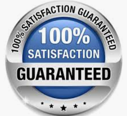 A blue and silver badge icon reading 100% Satisfaction Guaranteed with five stars.