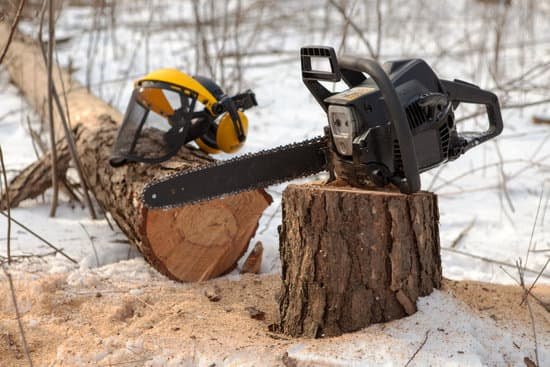 A chainsaw resting on a freshly cut tree stump next to yellow ear defenders in the snow.