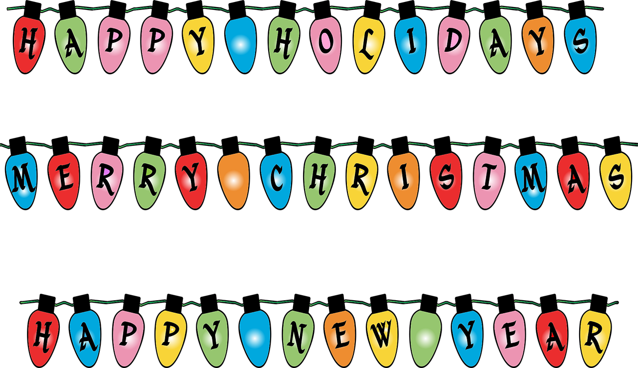 Three rows of colourful string-light bulbs spelling out 'Happy Holidays', 'Merry Christmas' and 'Happy New Year'.