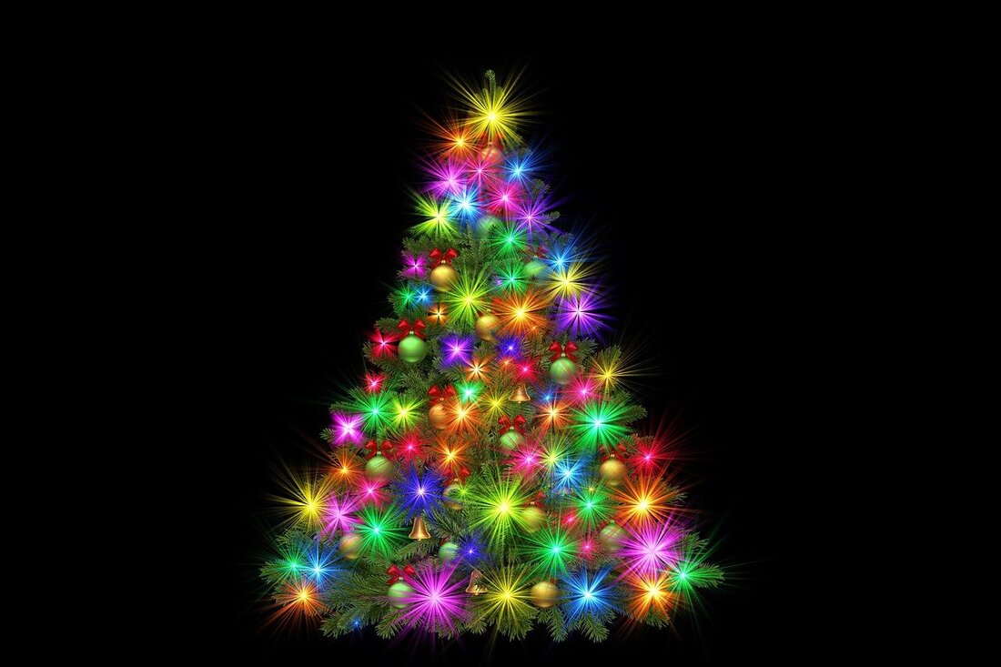 A digitally illustrated Christmas tree decorated with sparkling multicoloured lights and gold ornaments on a black background.