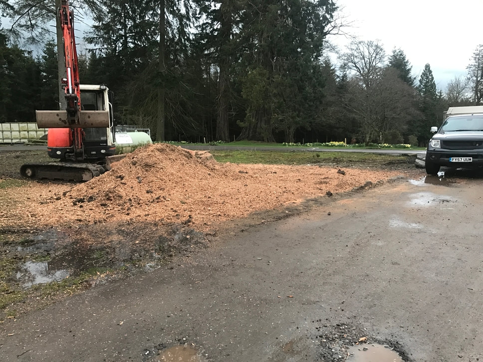 A red excavator beside a large pile of wood chippings in a muddy yard, with a parked pickup truck and forest behind.