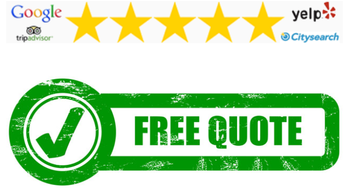 Five gold star rating icons with Google, Yelp, TripAdvisor and Citysearch logos above a green Free Quote stamp graphic.