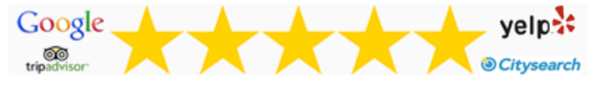 Five gold stars alongside Google, Yelp, TripAdvisor, and Citysearch review site logos.