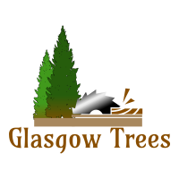Glasgow Trees logo featuring green pine trees and a saw blade above the company name.