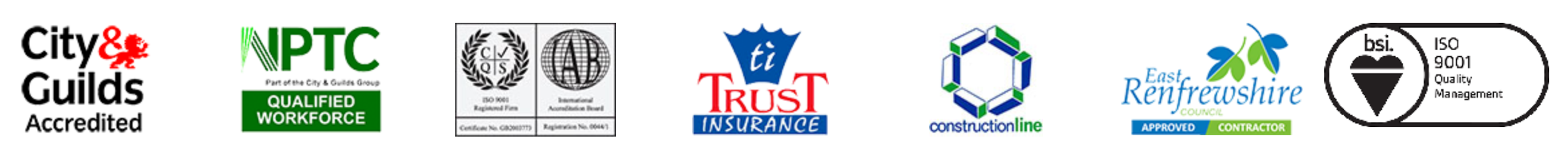 A row of accreditation logos including City & Guilds, NPTC, ISO 9001, Trust Insurance, Constructionline, East Renfrewshire Council Approved Contractor, and BSI.