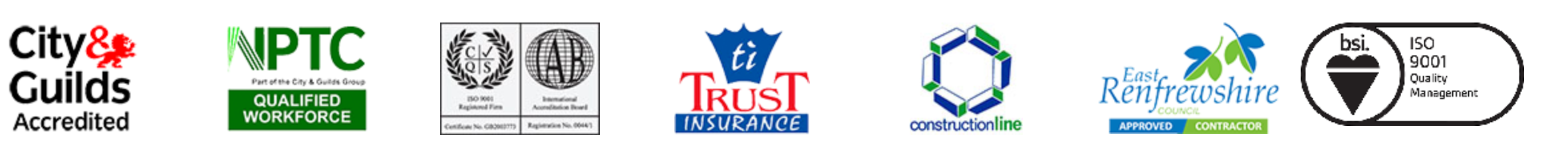 A row of trade accreditation and membership logos including City & Guilds, NPTC, ISO 9001, Trust Insurance, Constructionline, East Renfrewshire Council and BSI.