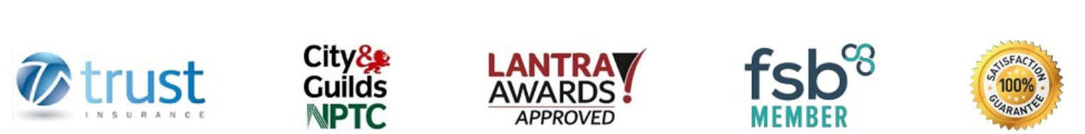 A row of certification badges including Trust Insurance, City & Guilds NPTC, Lantra Awards, FSB Member, and a satisfaction guarantee seal.