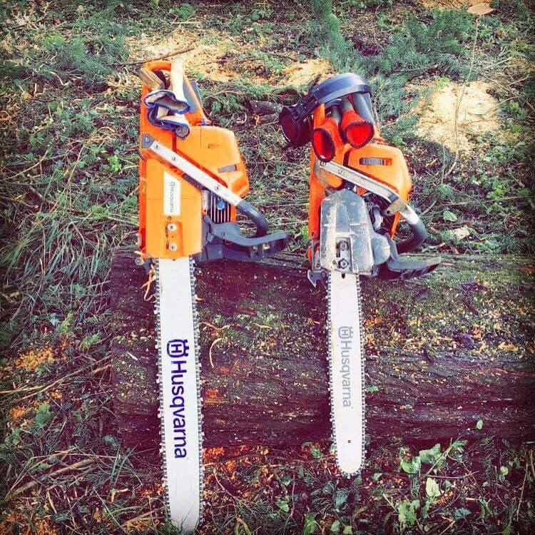 two orange husqvarna chainsaws on log