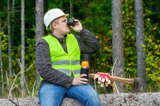A worker in a hard hat and hi-vis vest sitting on a log, drinking from a thermos flask beside an axe and gloves.